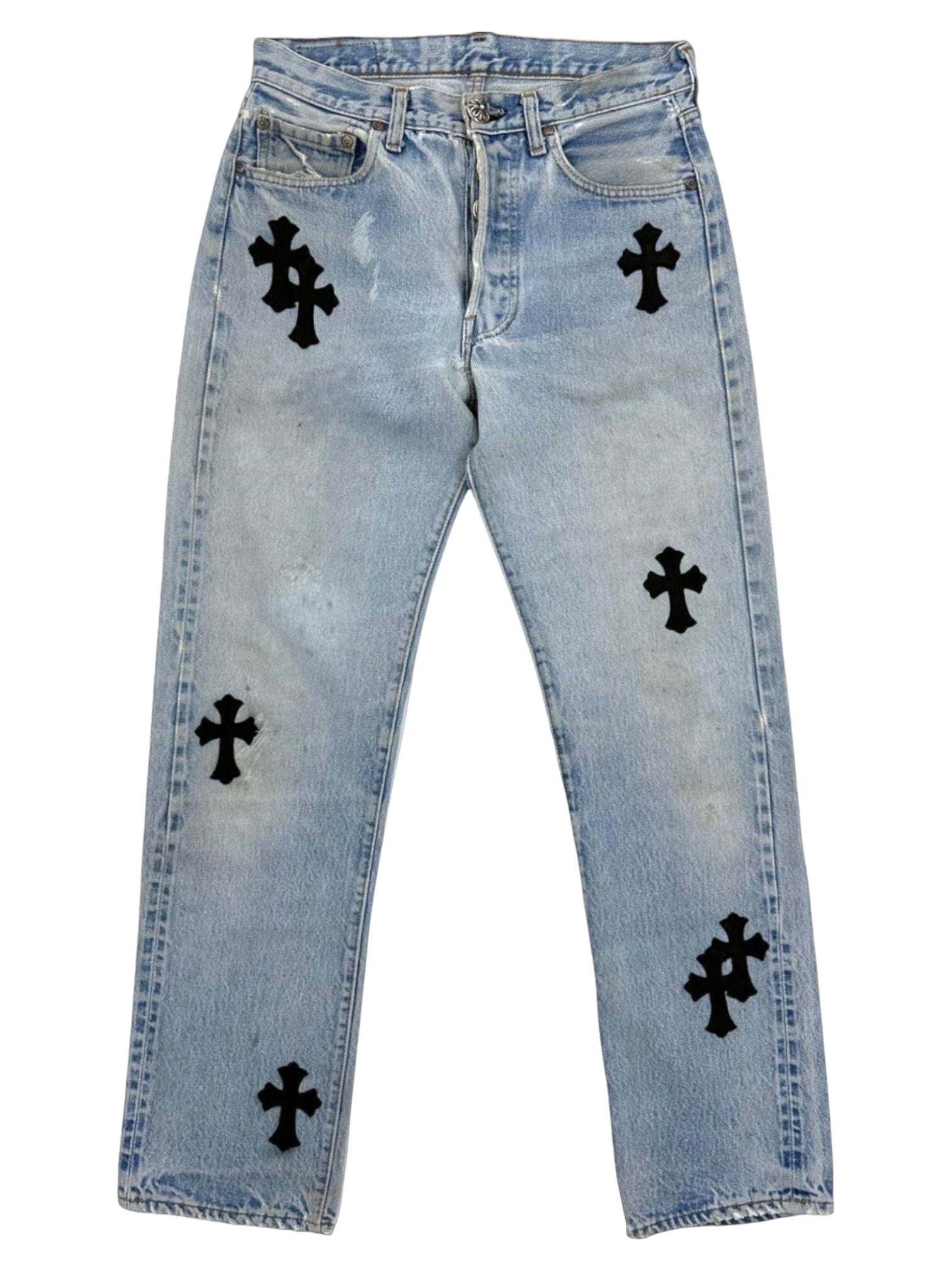 Chrome Hearts Pink & Checkered Cross Patch Fleurknee Jeans Black