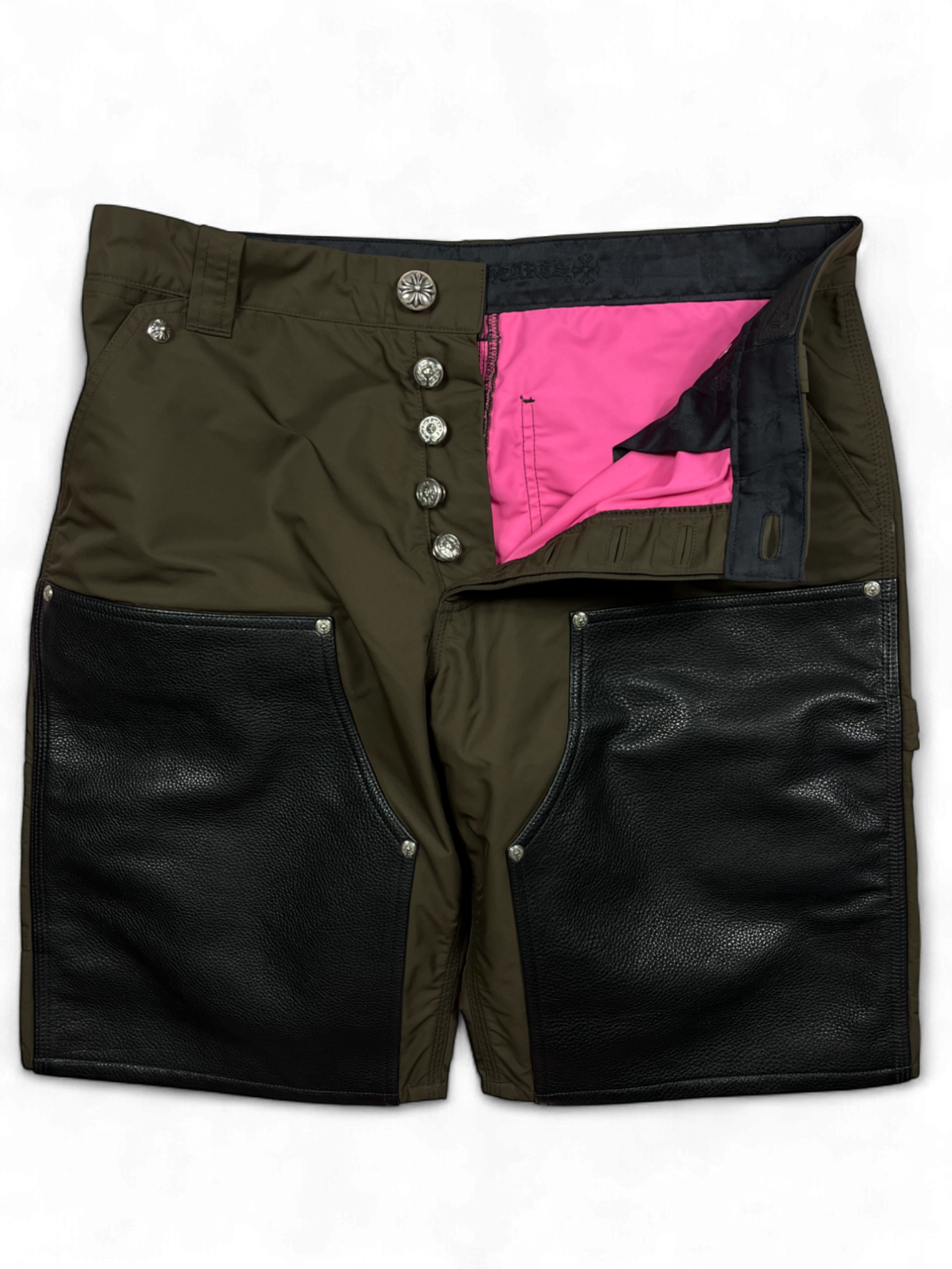 Chrome Hearts Brown Pink Cross Patch Leather Cargo Shorts