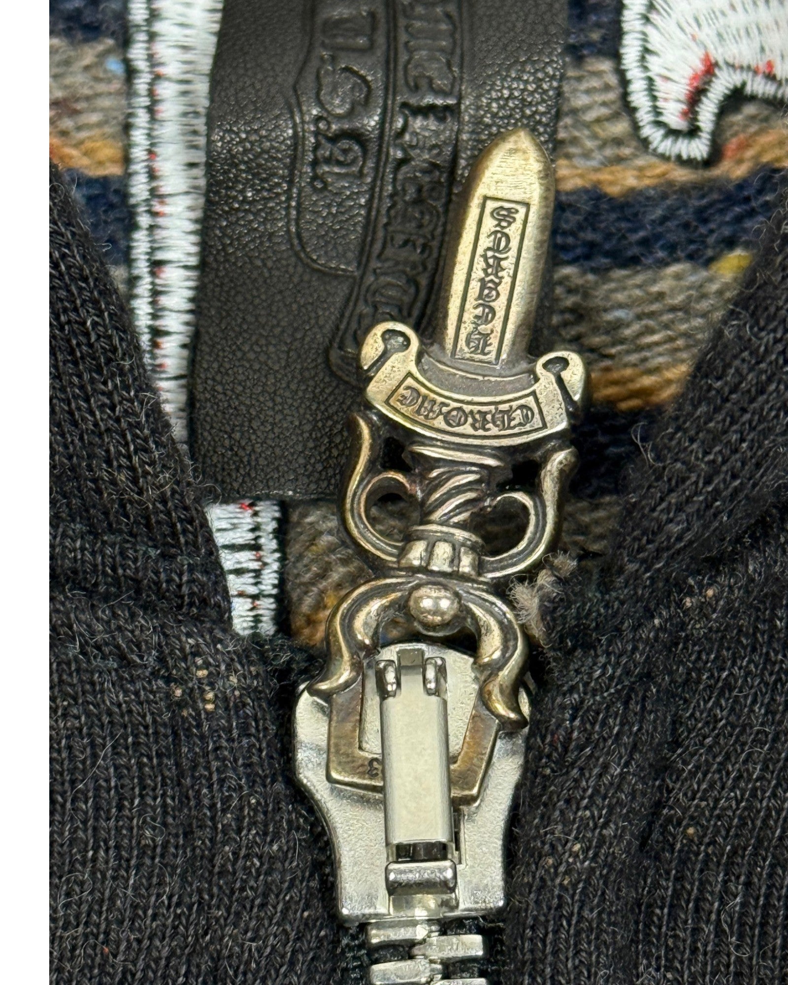 Chrome Hearts Matty Boy Grey Striped Embroidered "Be Aware" Zip-Up Hoodie