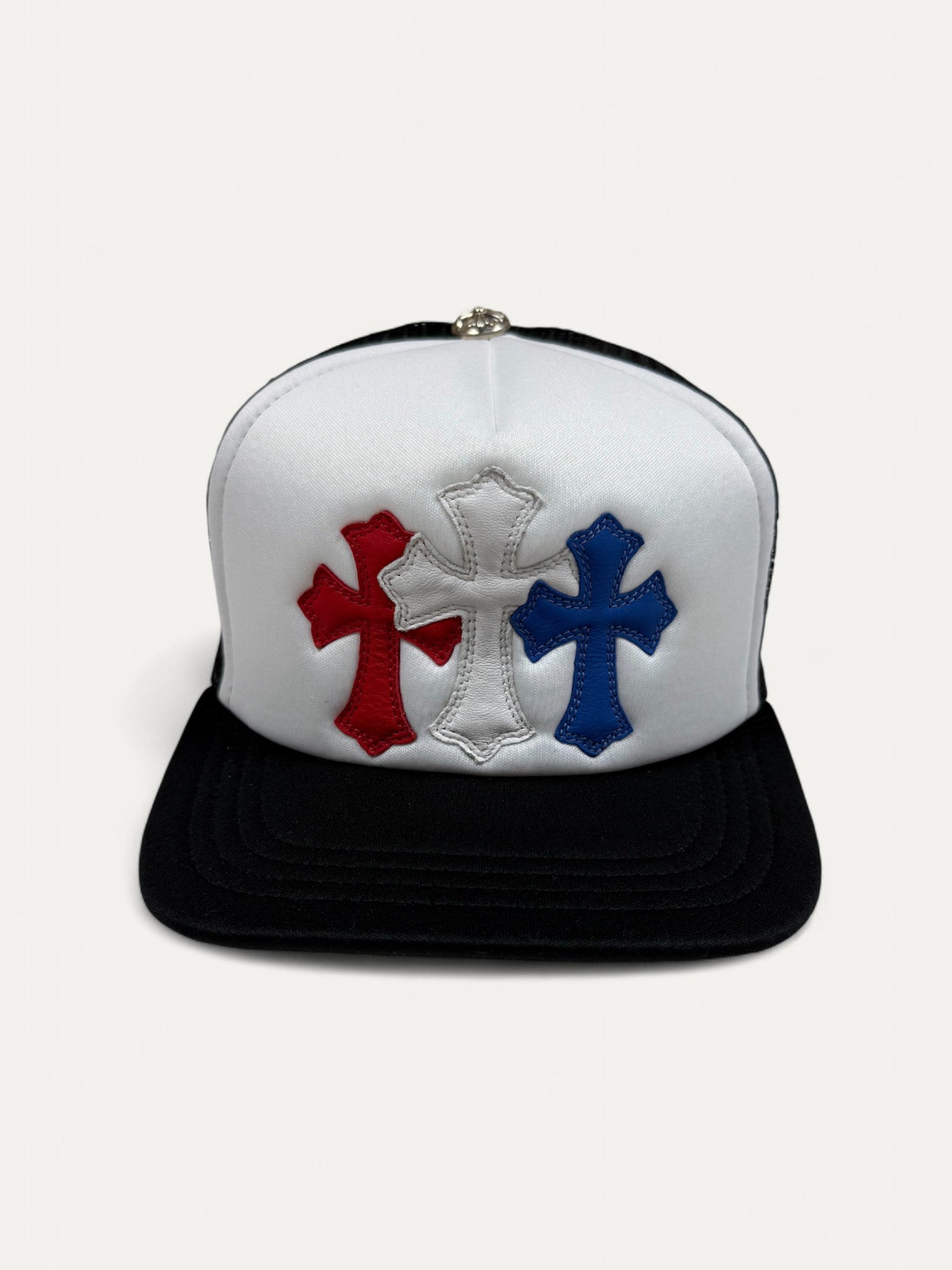 Chrome Hearts Red White Blue Leather Cemetery Cross Patch Cap