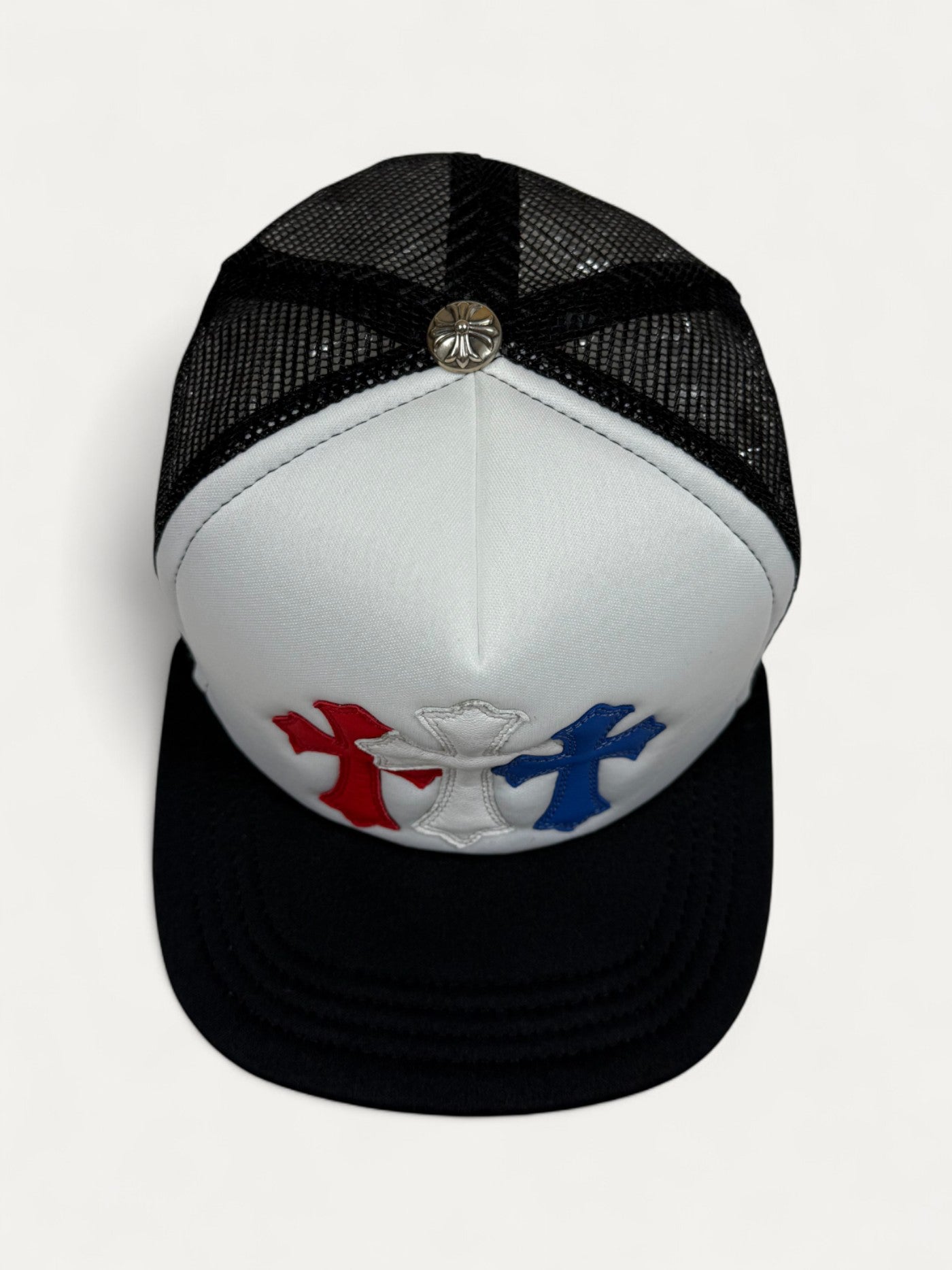 Chrome Hearts Red White Blue Leather Cemetery Cross Patch Cap