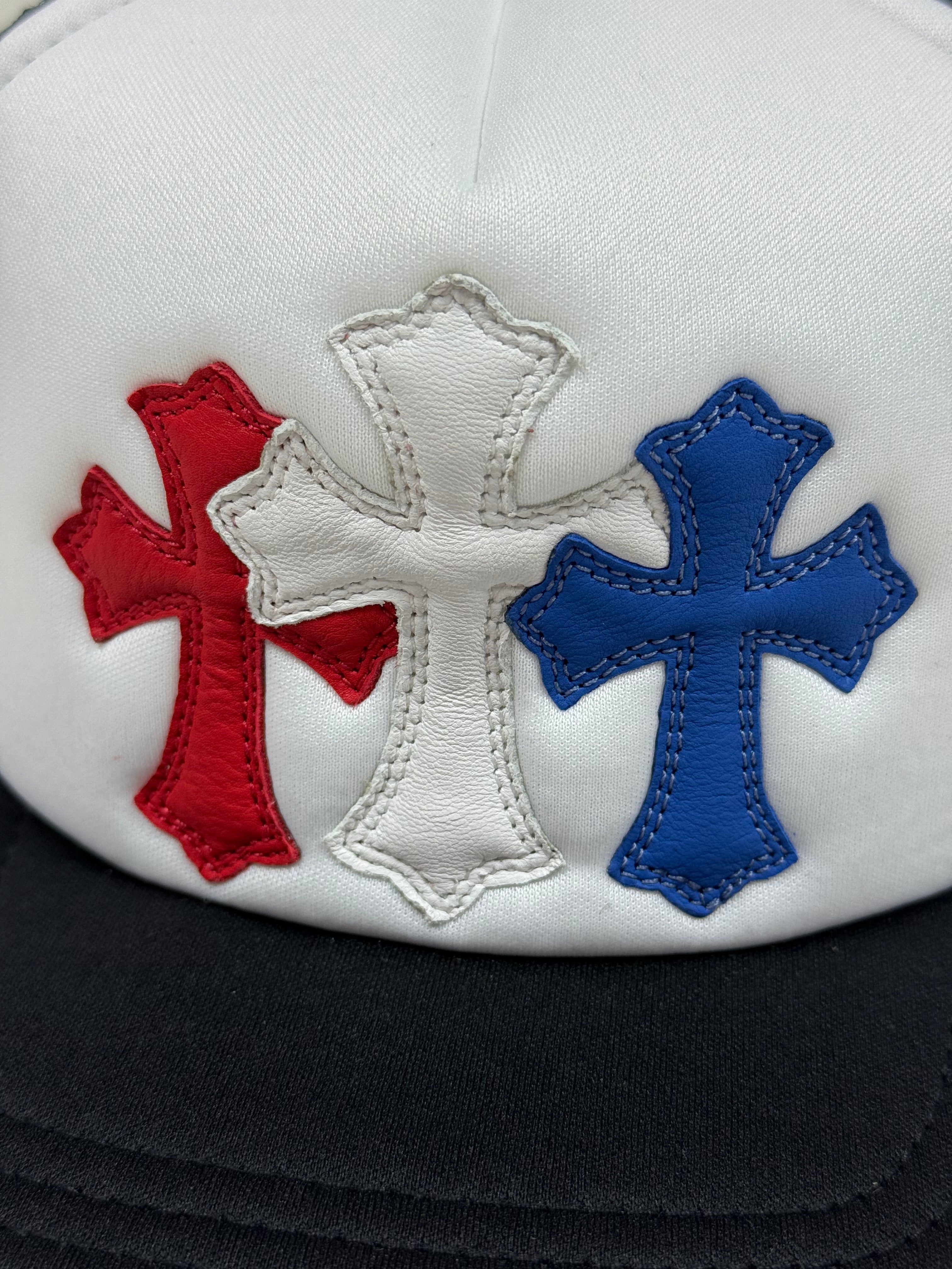 Chrome Hearts Red White Blue Leather Cemetery Cross Patch Cap
