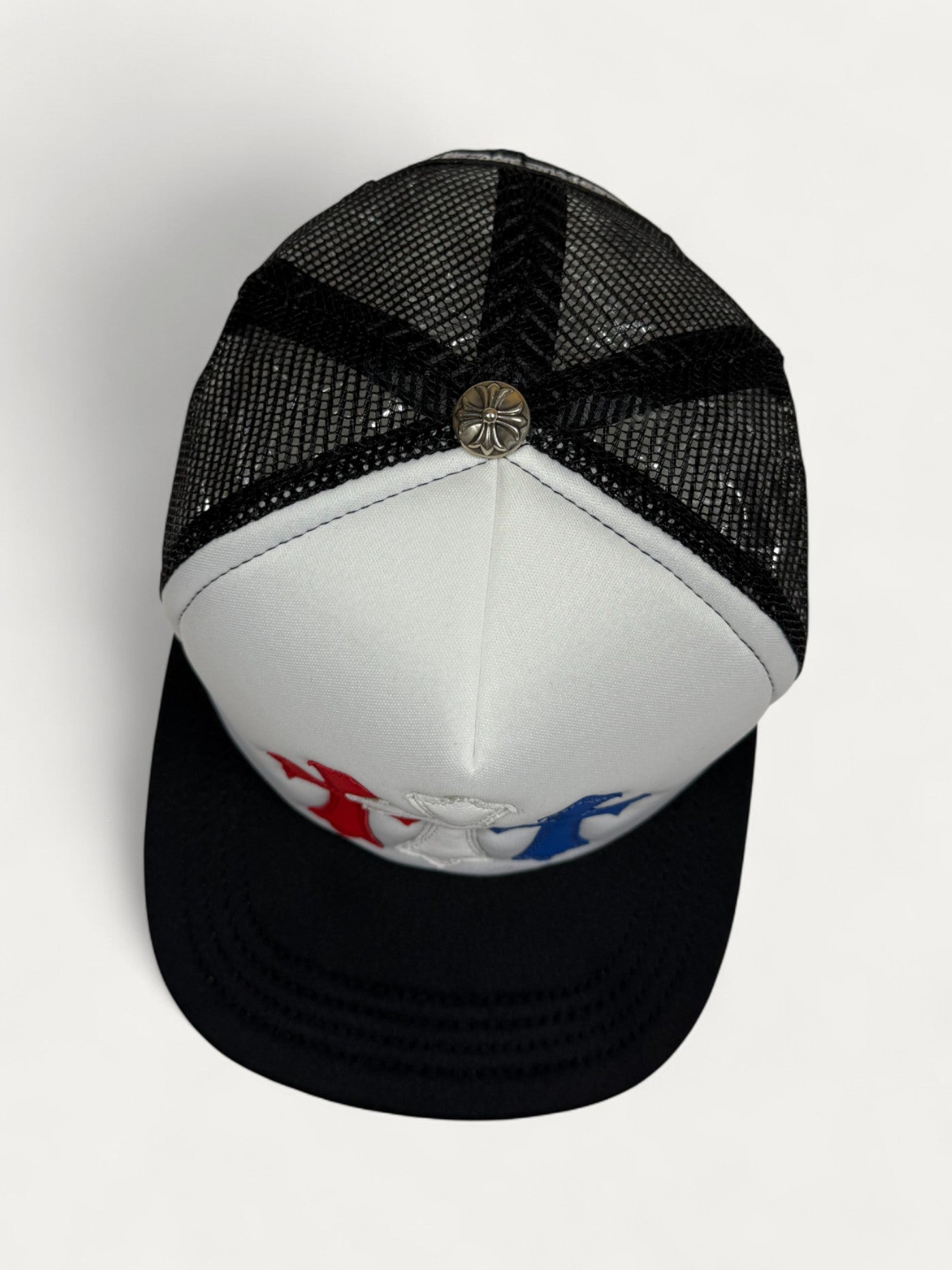 Chrome Hearts Red White Blue Leather Cemetery Cross Patch Cap