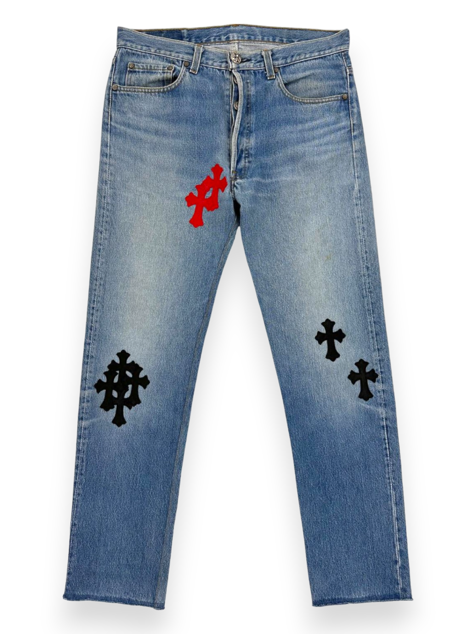 Chrome Hearts 1/1 Red Black Cross Patch Levi’s Blue Denim Jeans