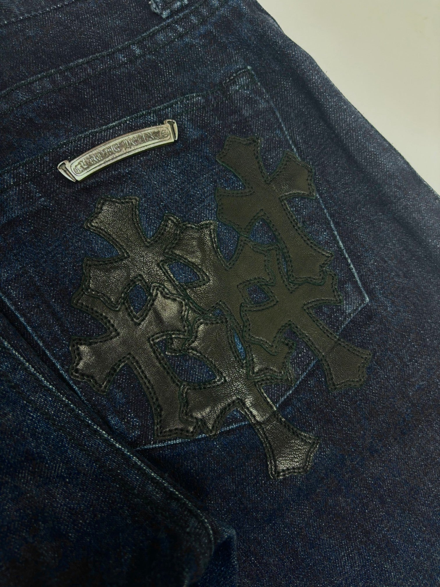 Chrome Hearts Flooded Black Cross Patch Dark Wash Jeans