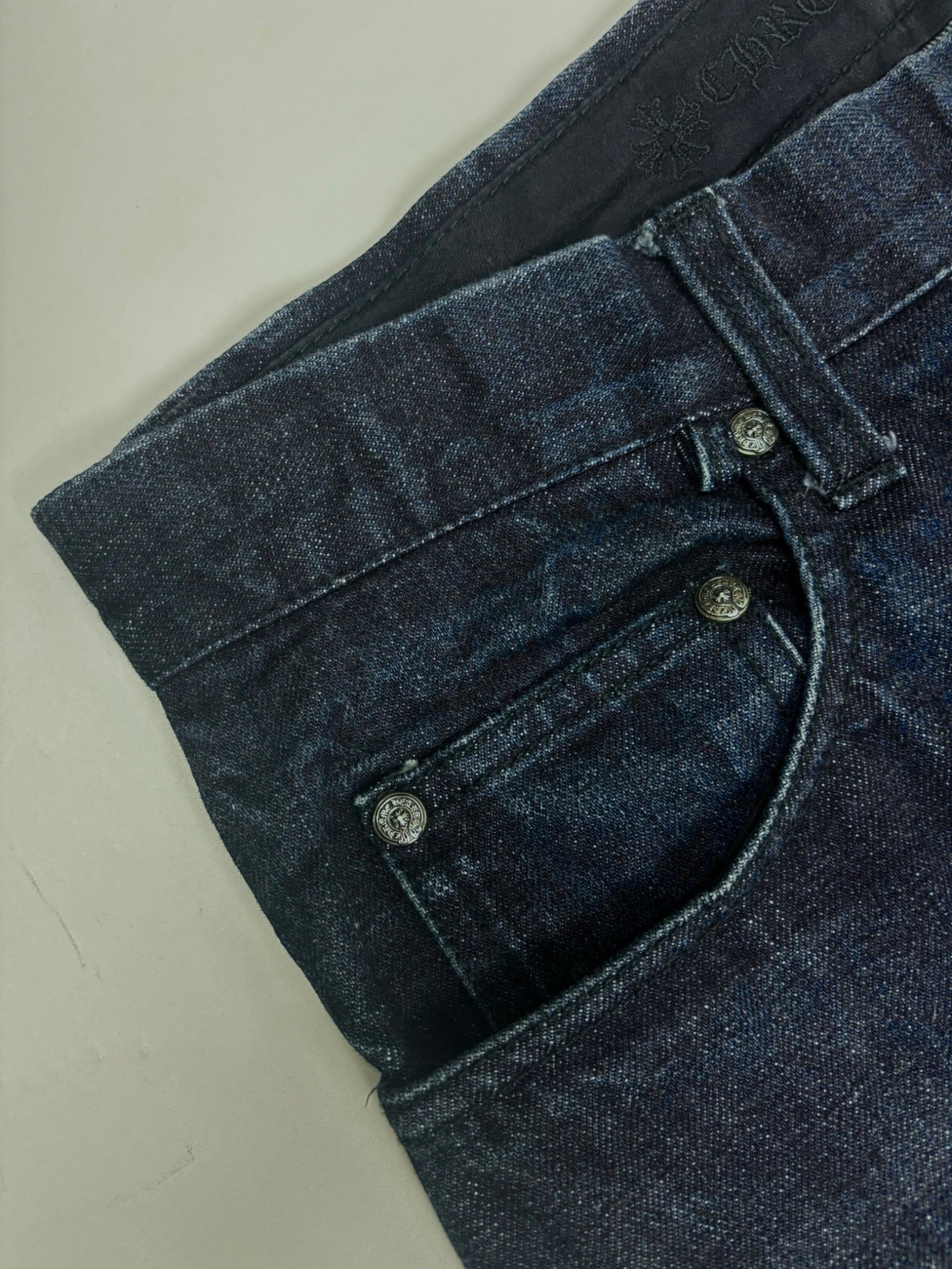 Chrome Hearts Flooded Black Cross Patch Dark Wash Jeans