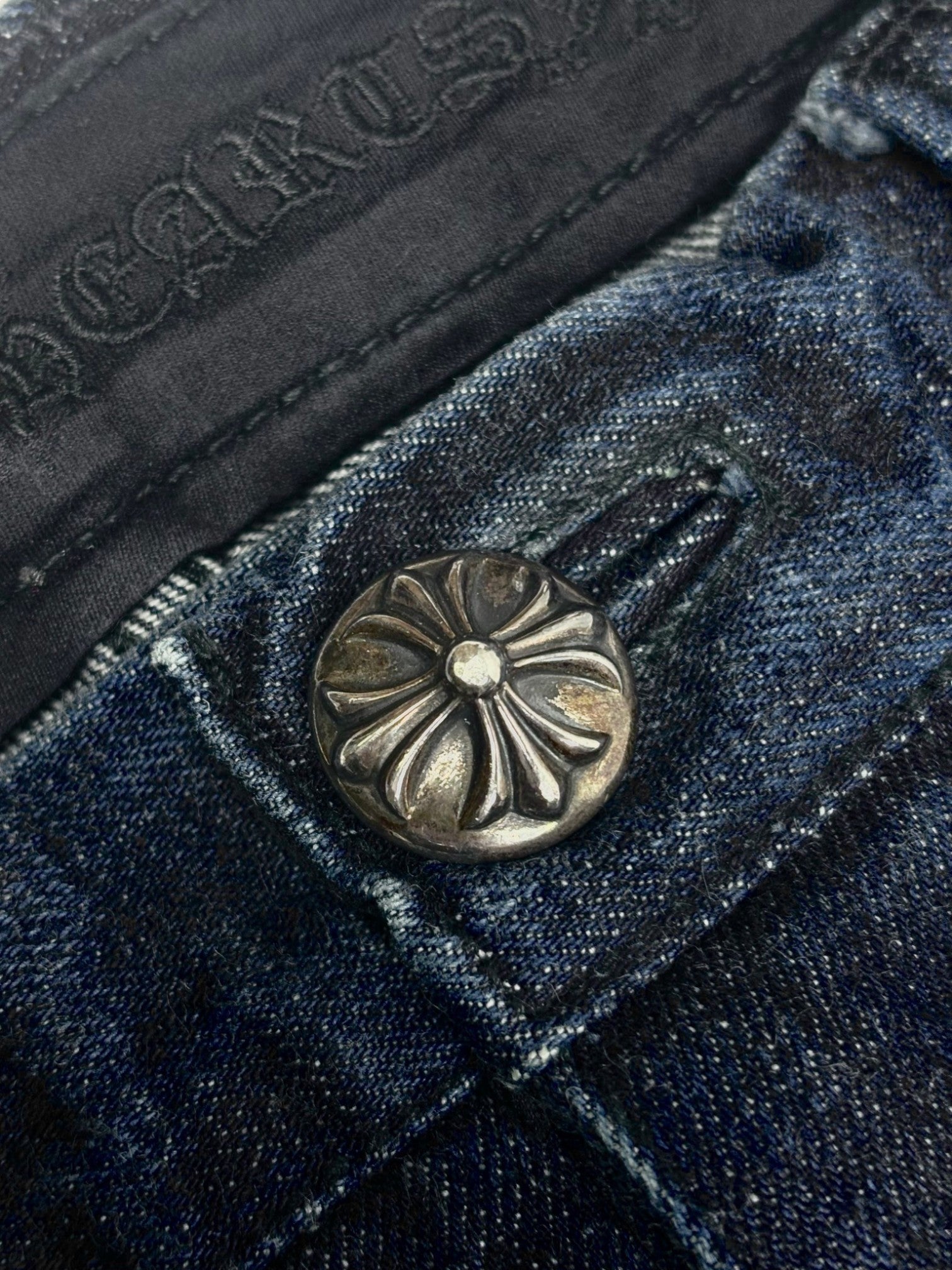 Chrome Hearts Flooded Black Cross Patch Dark Wash Jeans