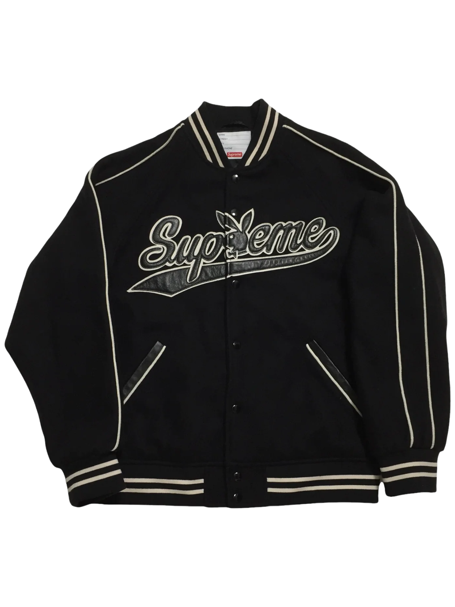 2017 Supreme x Playboy Black Leather Varsity Jacket
