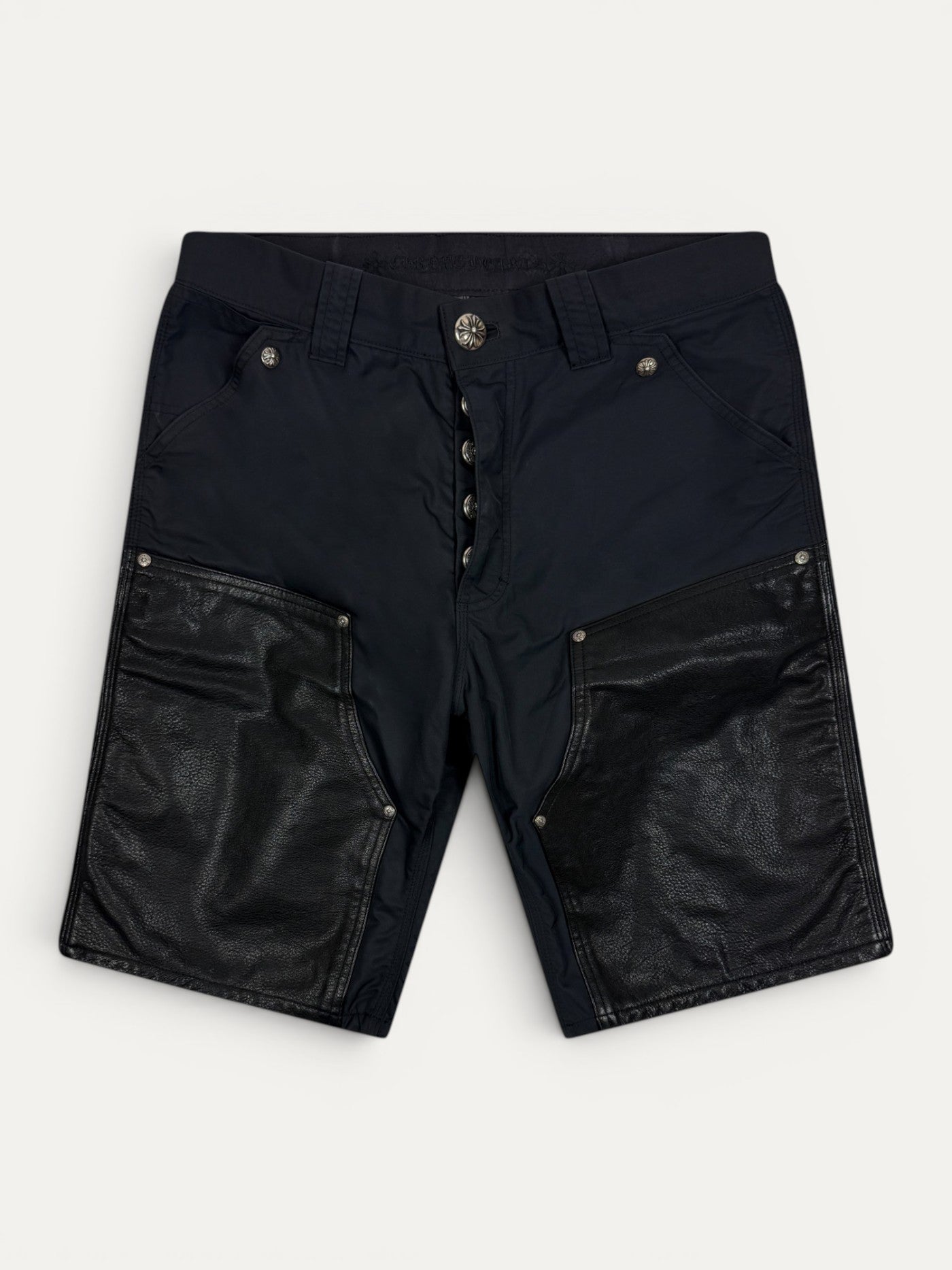 Chrome Hearts Navy Nylon Black Leather Cross Patch Cargo Shorts