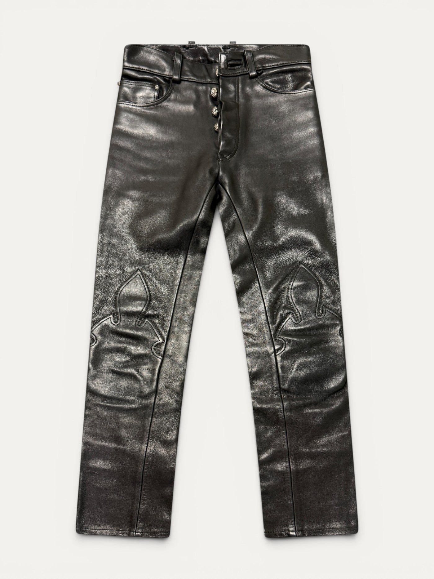 Chrome Hearts Black Leather Fleur Knees Pants
