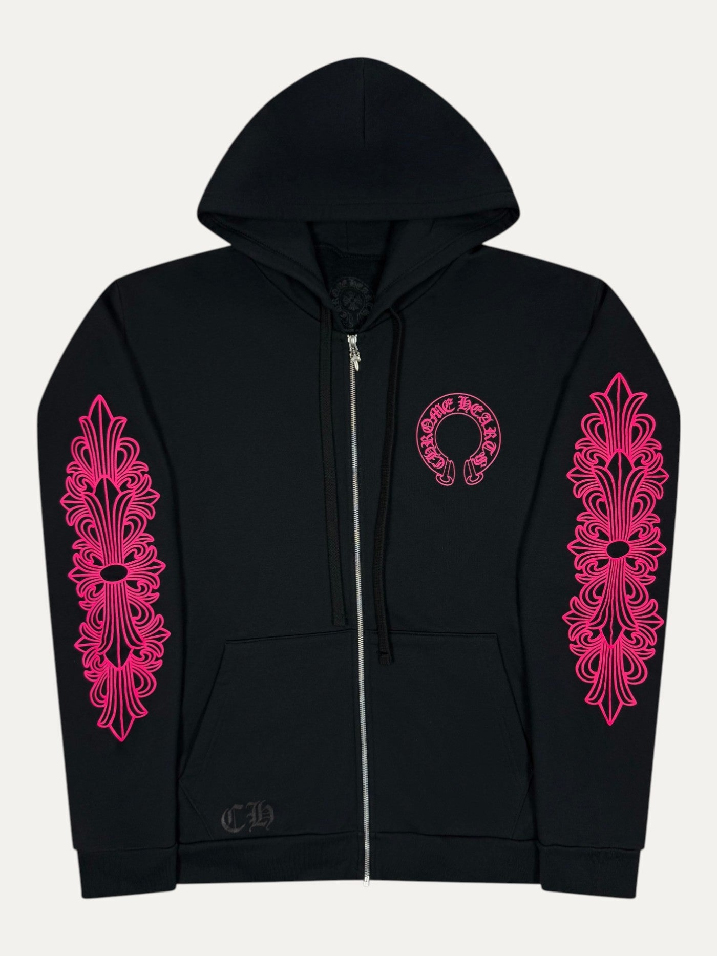 Chrome Hearts Floral Horseshoe Logo Black Pink Zip Up Hoodie