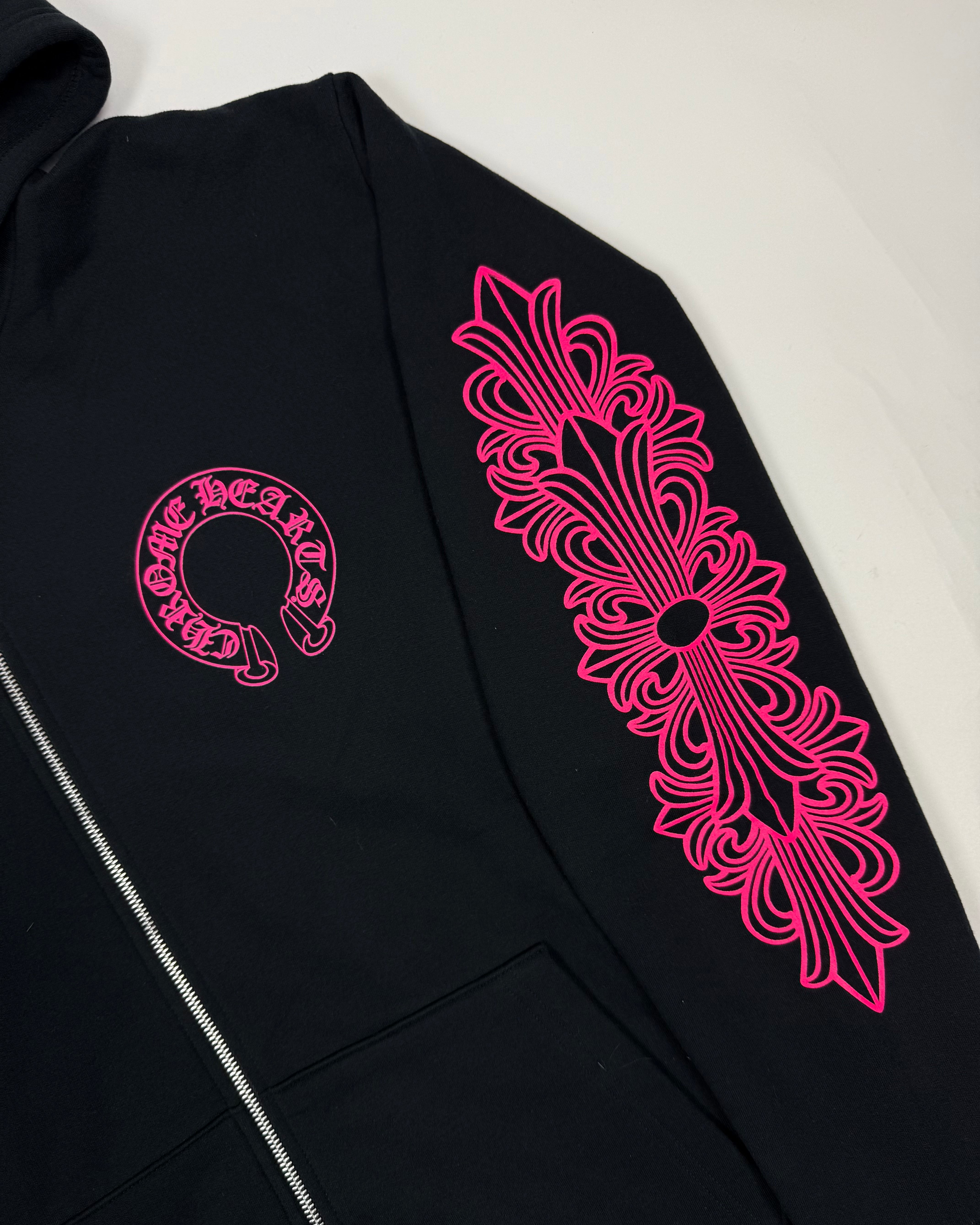 Chrome Hearts Floral Horseshoe Logo Black Pink Zip Up Hoodie