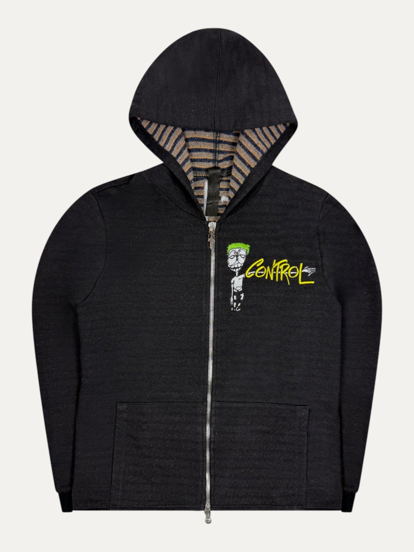 Chrome Hearts Matty Boy Grey Striped Embroidered "Be Aware" Zip-Up Hoodie