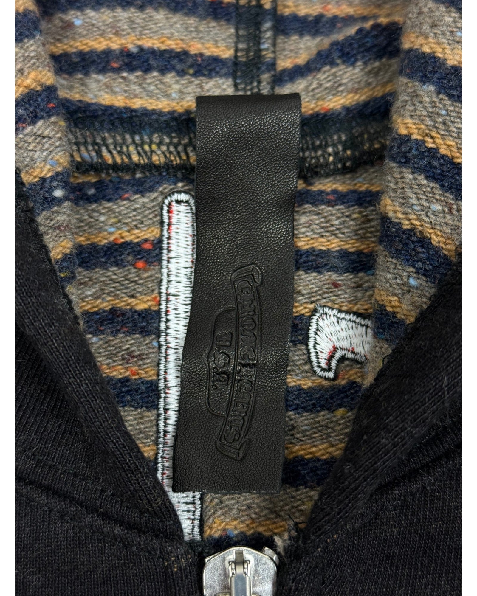 Chrome Hearts Matty Boy Grey Striped Embroidered "Be Aware" Zip-Up Hoodie
