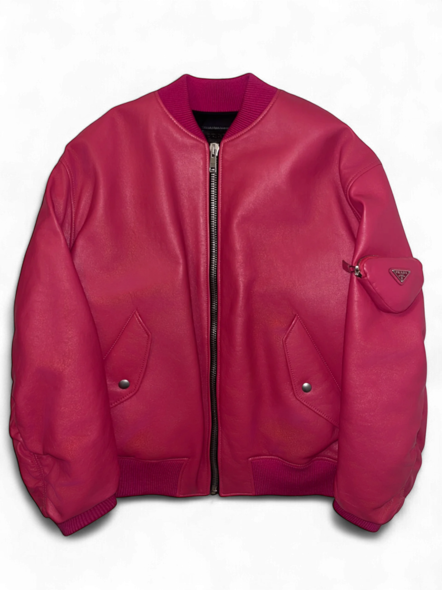 Prada Raf Simons Enameled Metal Triangle Pink Bomber Jacket