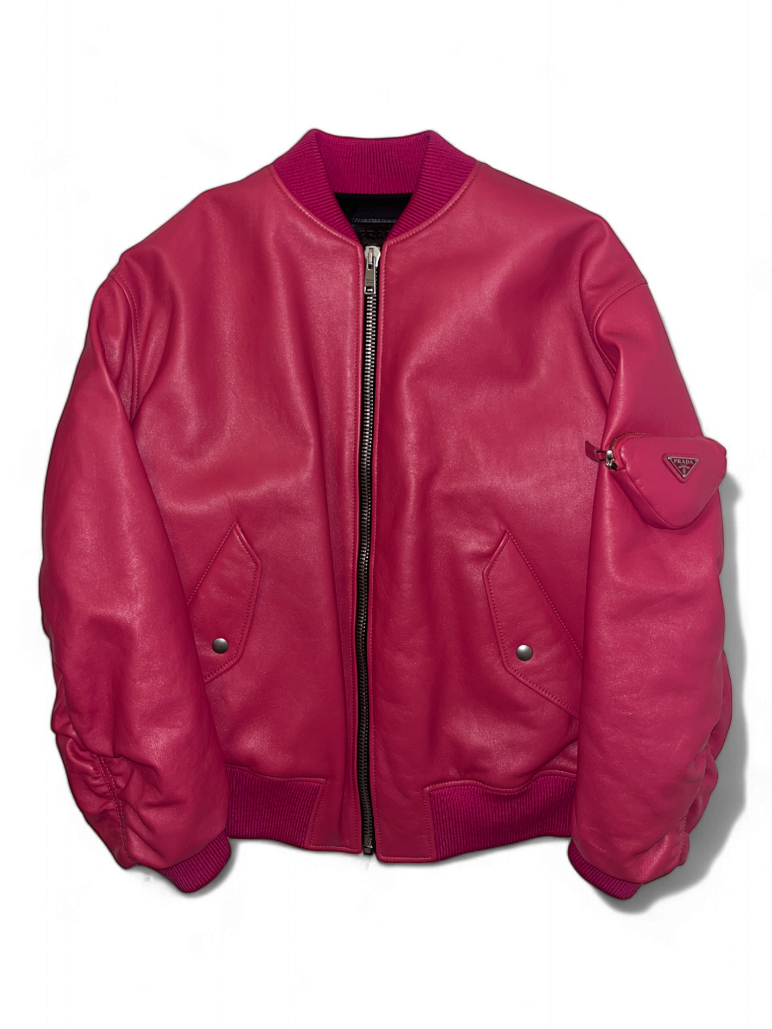 Prada Raf Simons Enameled Metal Triangle Pink Bomber Jacket