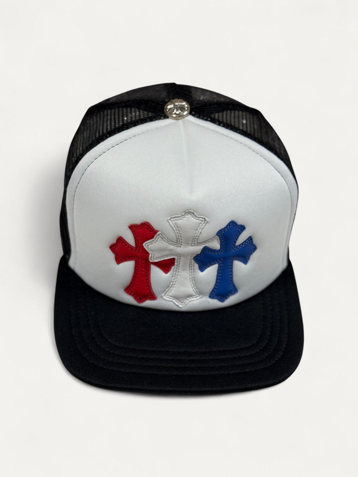 Chrome Hearts Red White Blue Leather Cemetery Cross Patch Cap