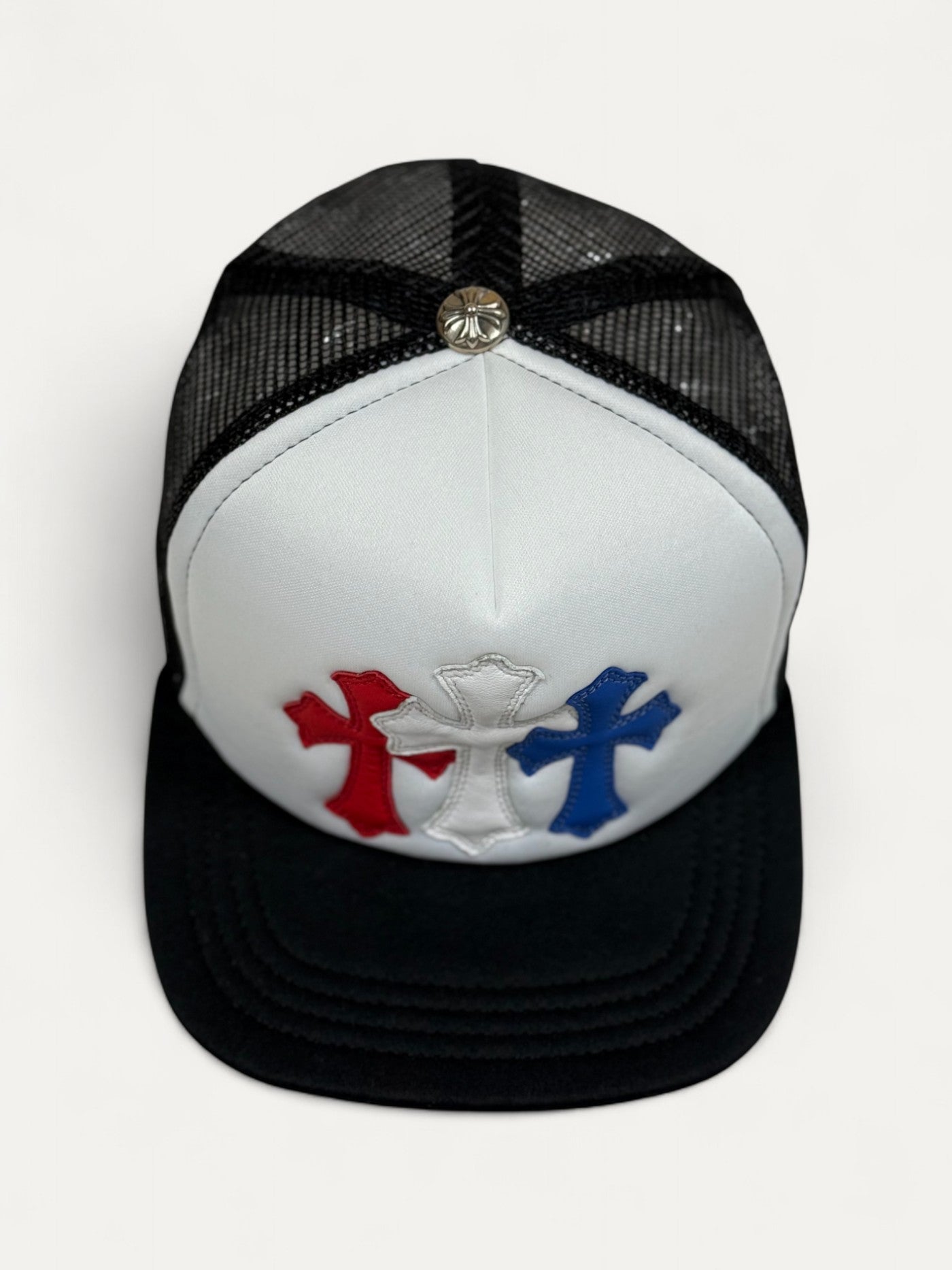 Chrome Hearts Red White Blue Leather Cemetery Cross Patch Cap