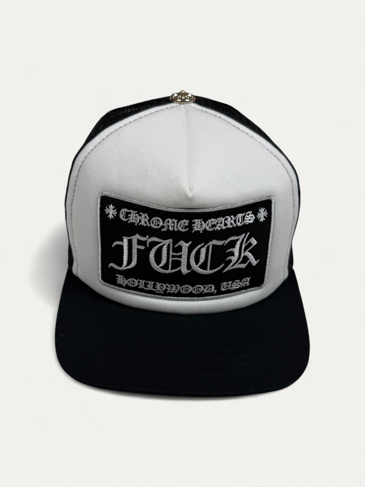 Chrome Hearts FUCK Black White Hollywood Trucker Hat