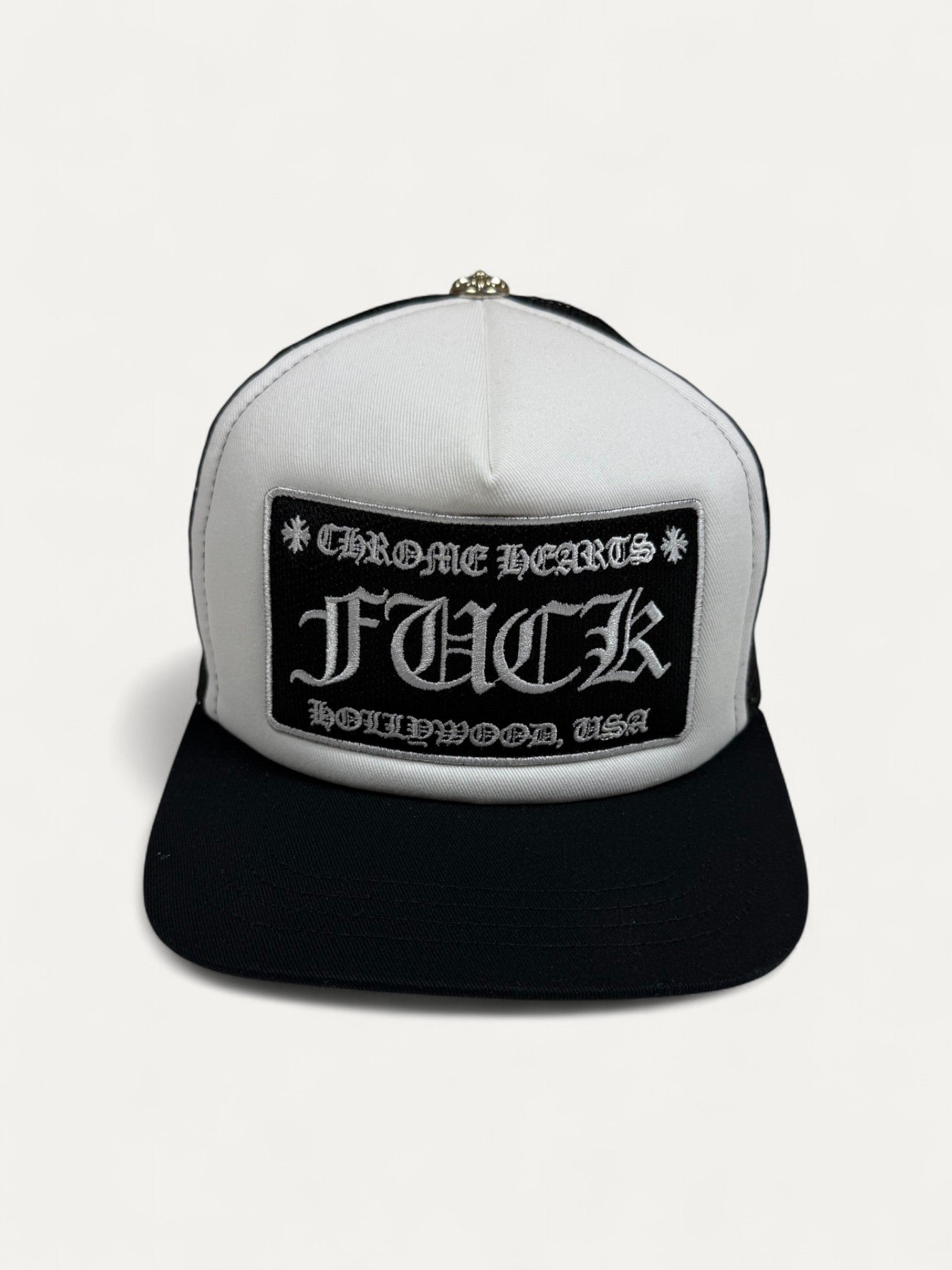 Chrome Hearts FUCK Black White Hollywood Trucker Hat