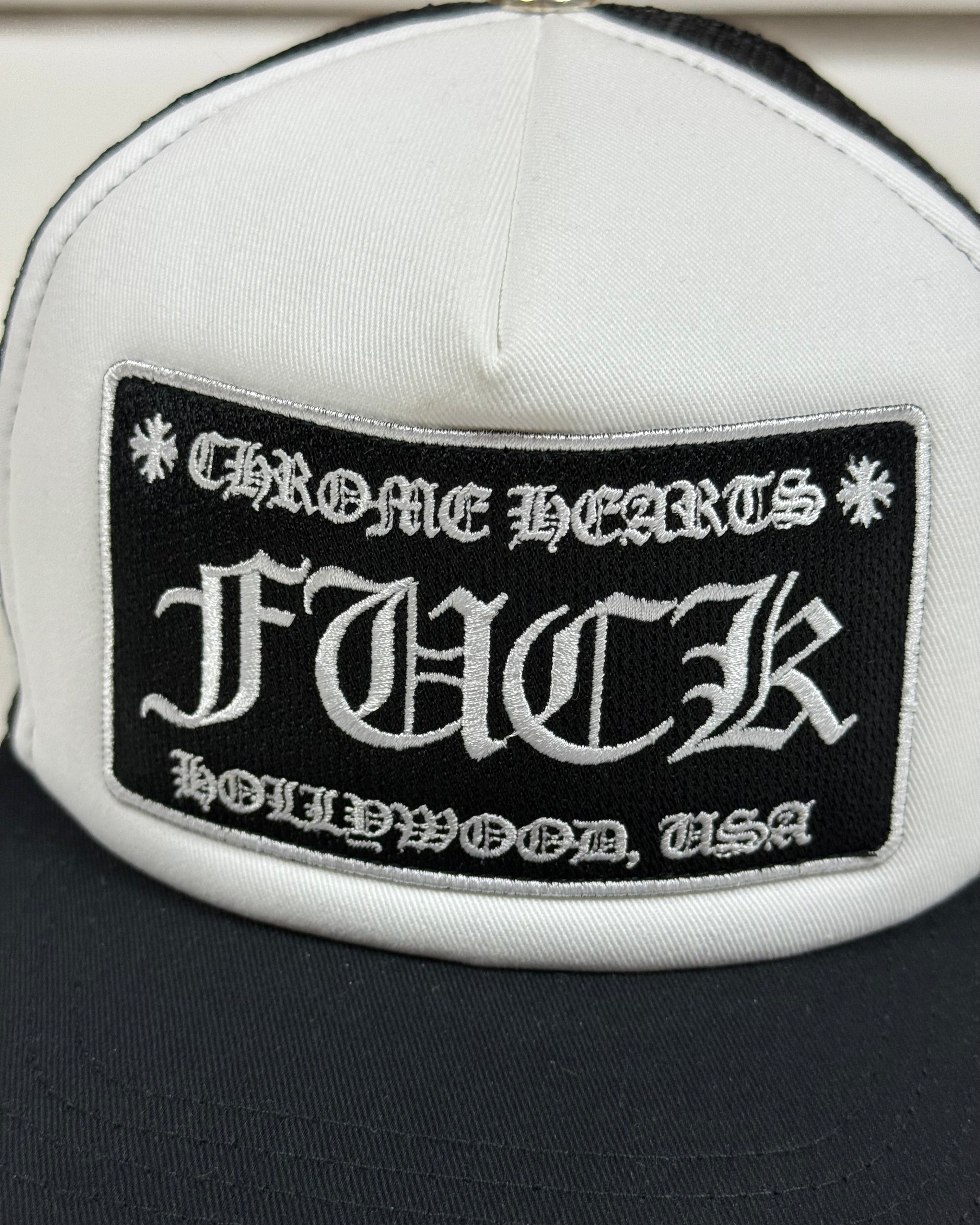 Chrome Hearts FUCK Black White Hollywood Trucker Hat