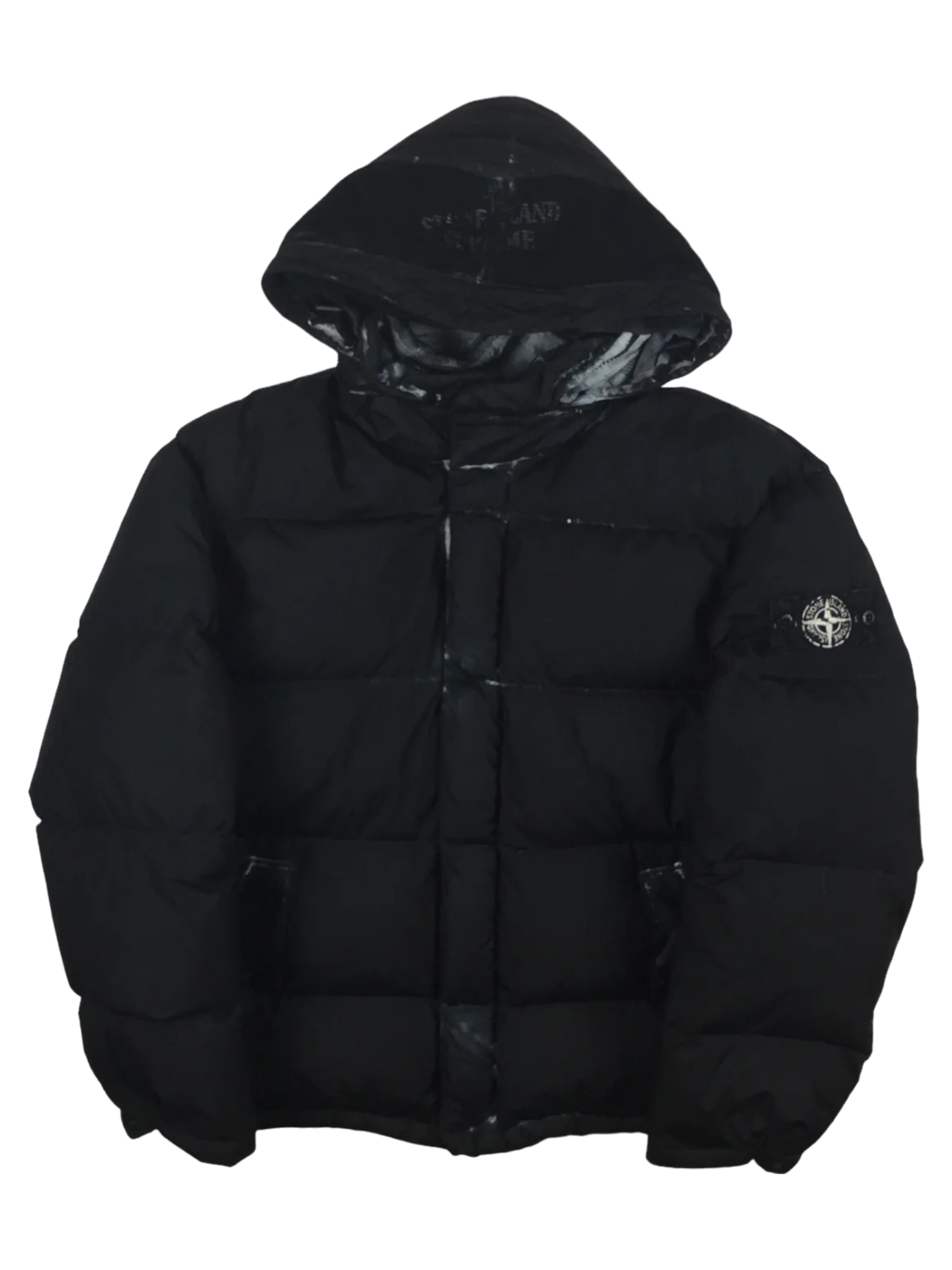 2020 Supreme x Stone Island Black Paintball Camo Crinkle Reps Puffer Jacket