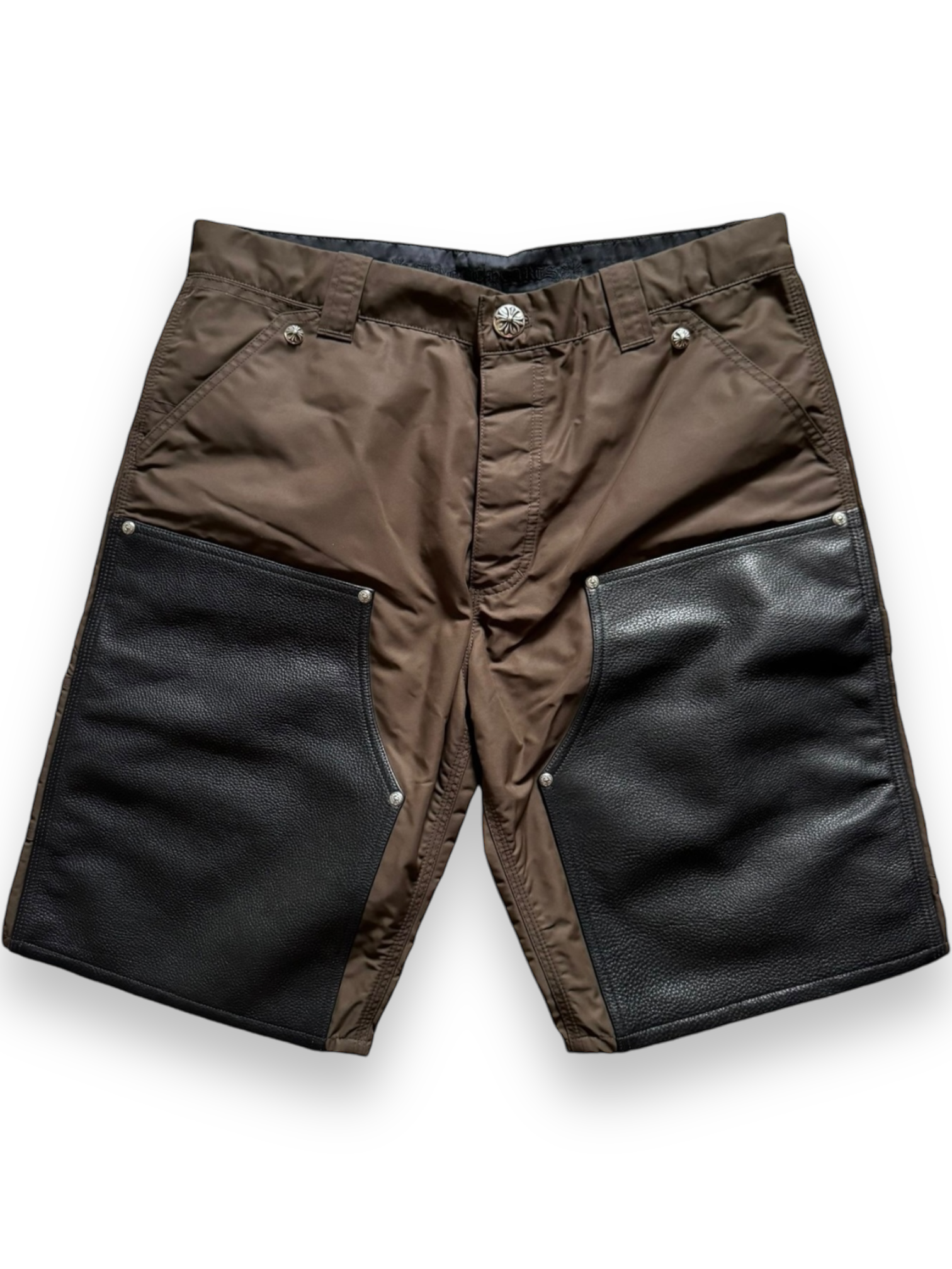 Chrome Hearts Brown Pink Cross Patch Leather Cargo Shorts