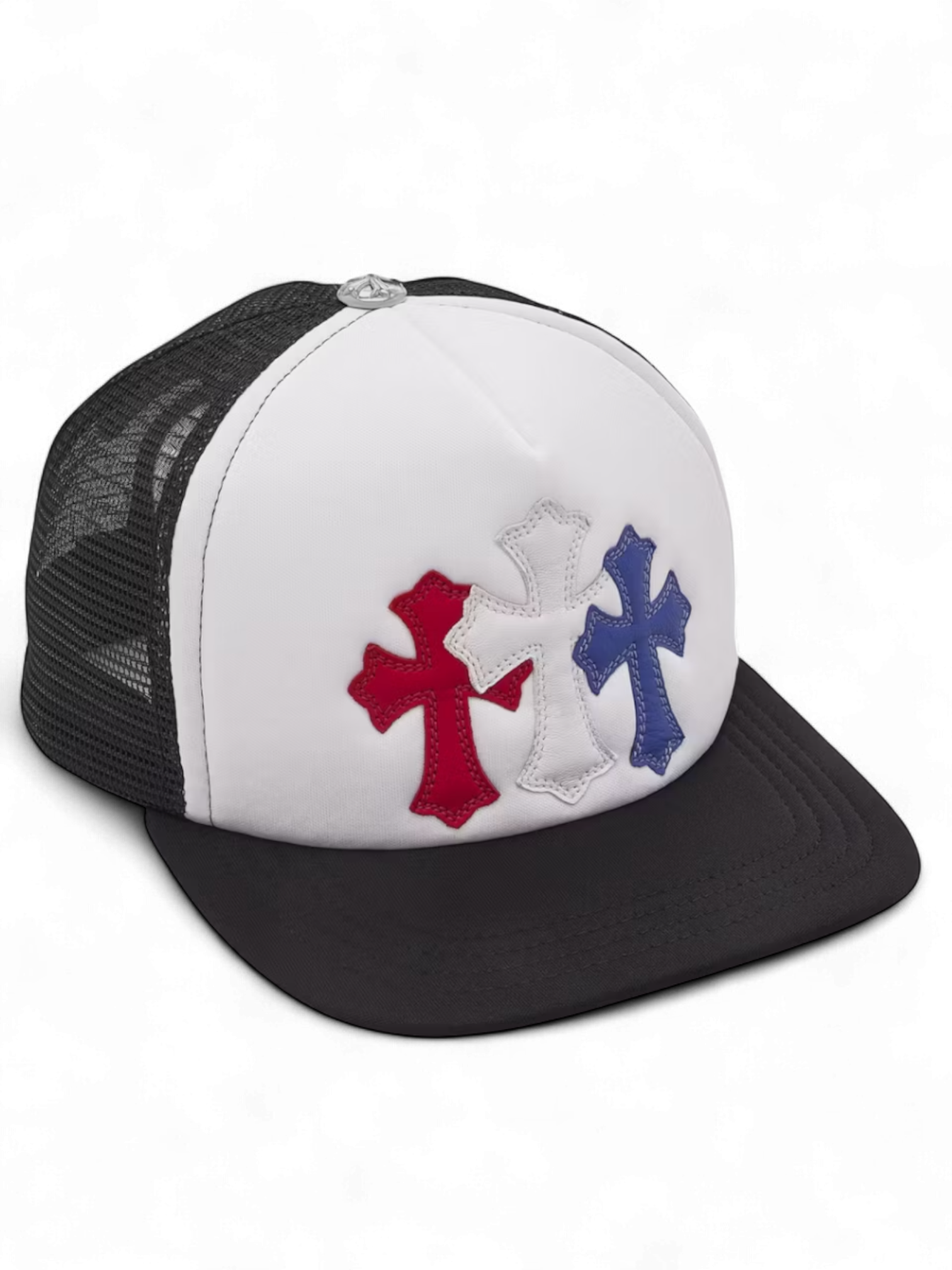 Chrome Hearts Red White Blue Leather Cemetery Cross Patch Cap