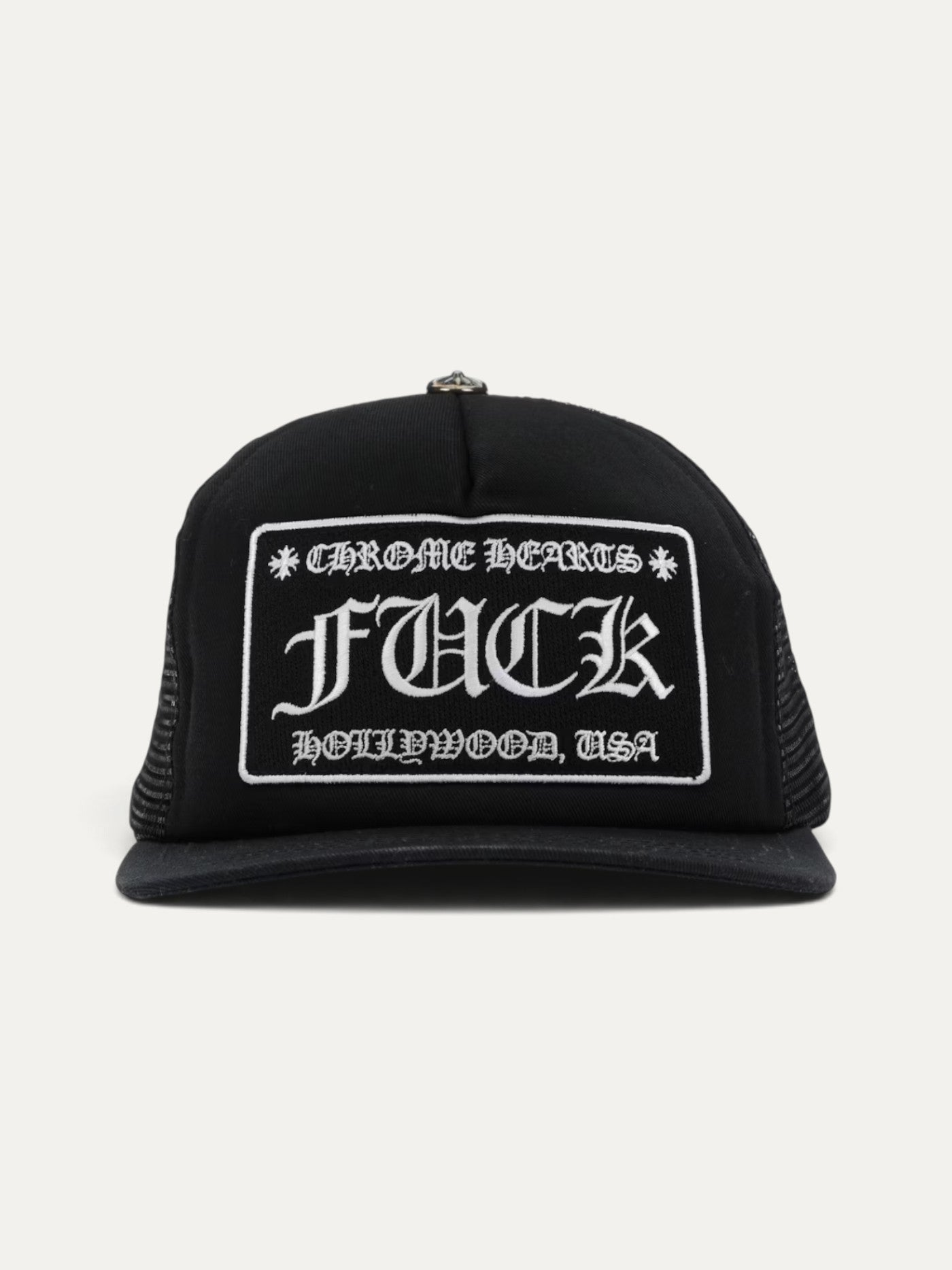 Chrome Hearts FUCK Hollywood Black Trucker Cap