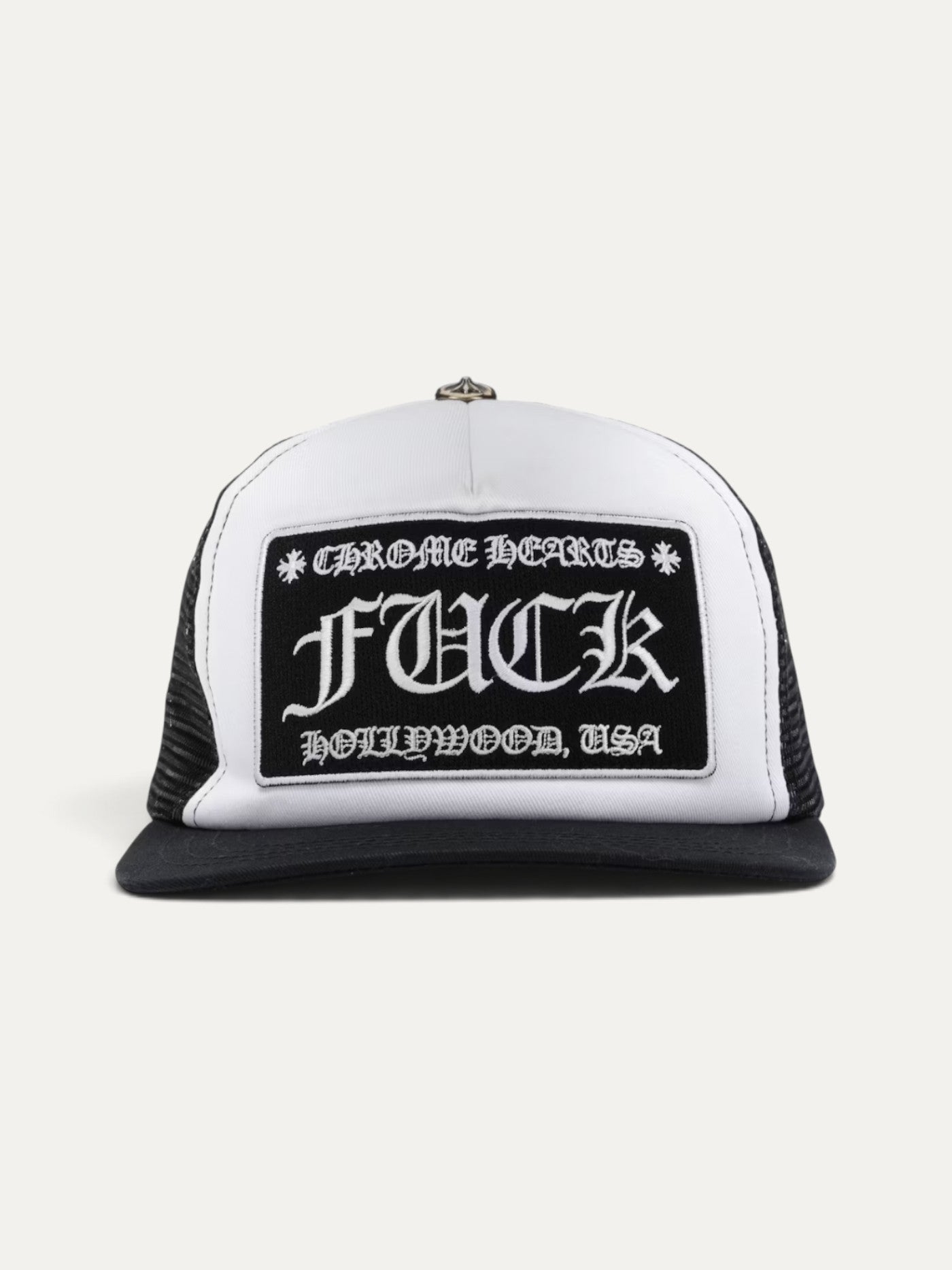 Chrome Hearts FUCK Hollywood Black White Trucker Cap