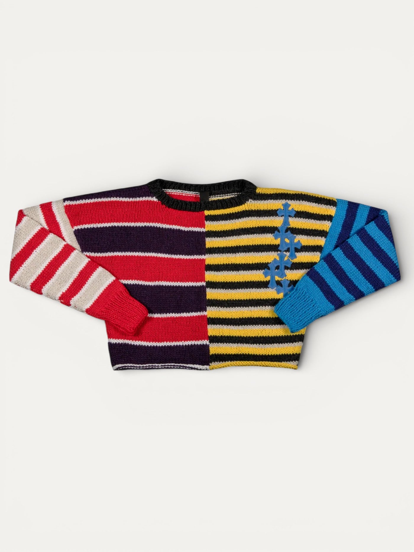 Chrome Hearts Cashmere Striped Patchwork Blue Cross Leather Short Sweater