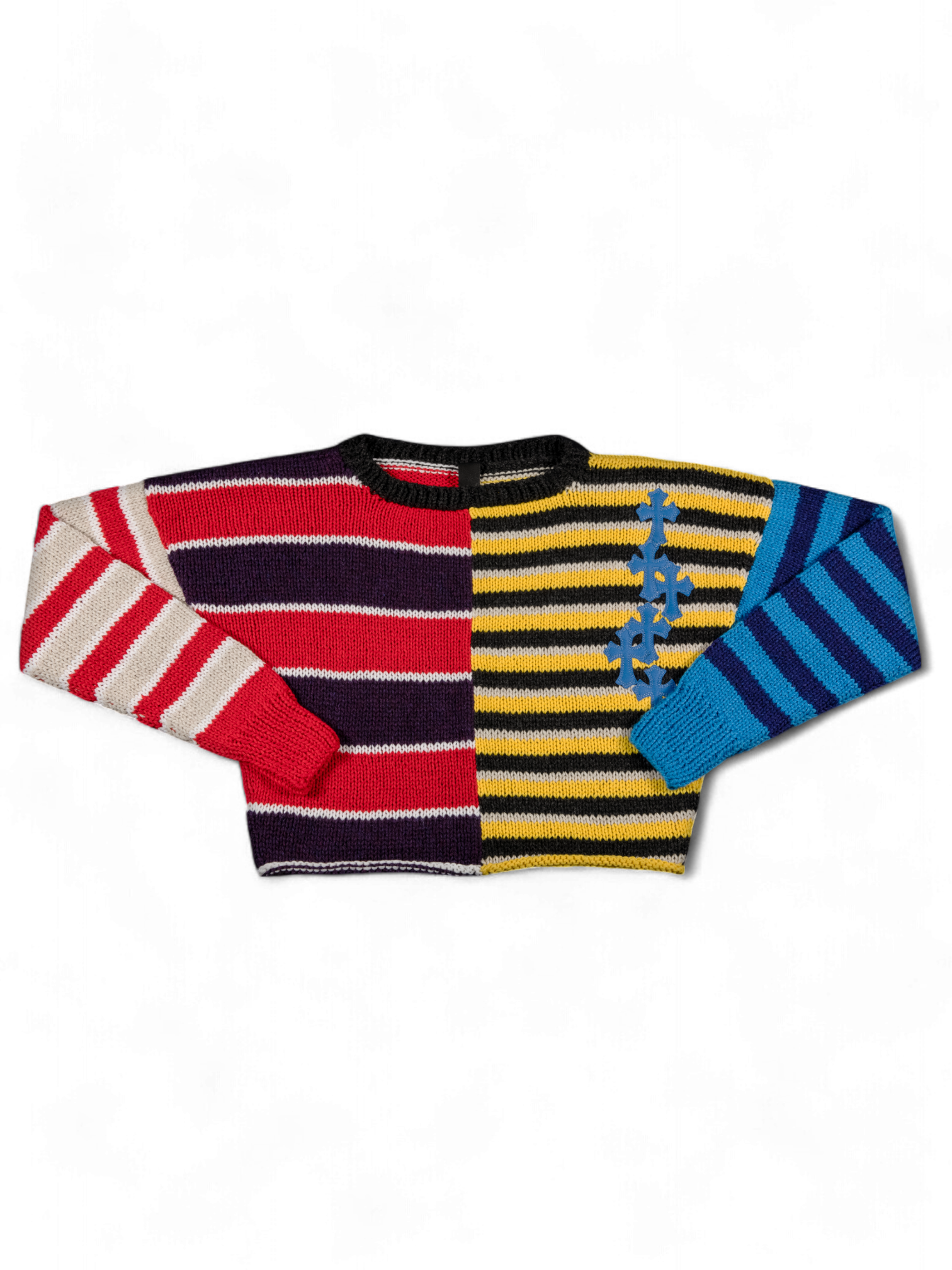 Chrome Hearts Cashmere Striped Patchwork Blue Cross Leather Short Sweater