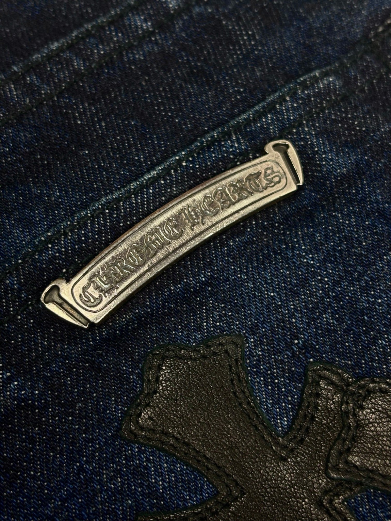 Chrome Hearts Flooded Black Cross Patch Dark Wash Jeans