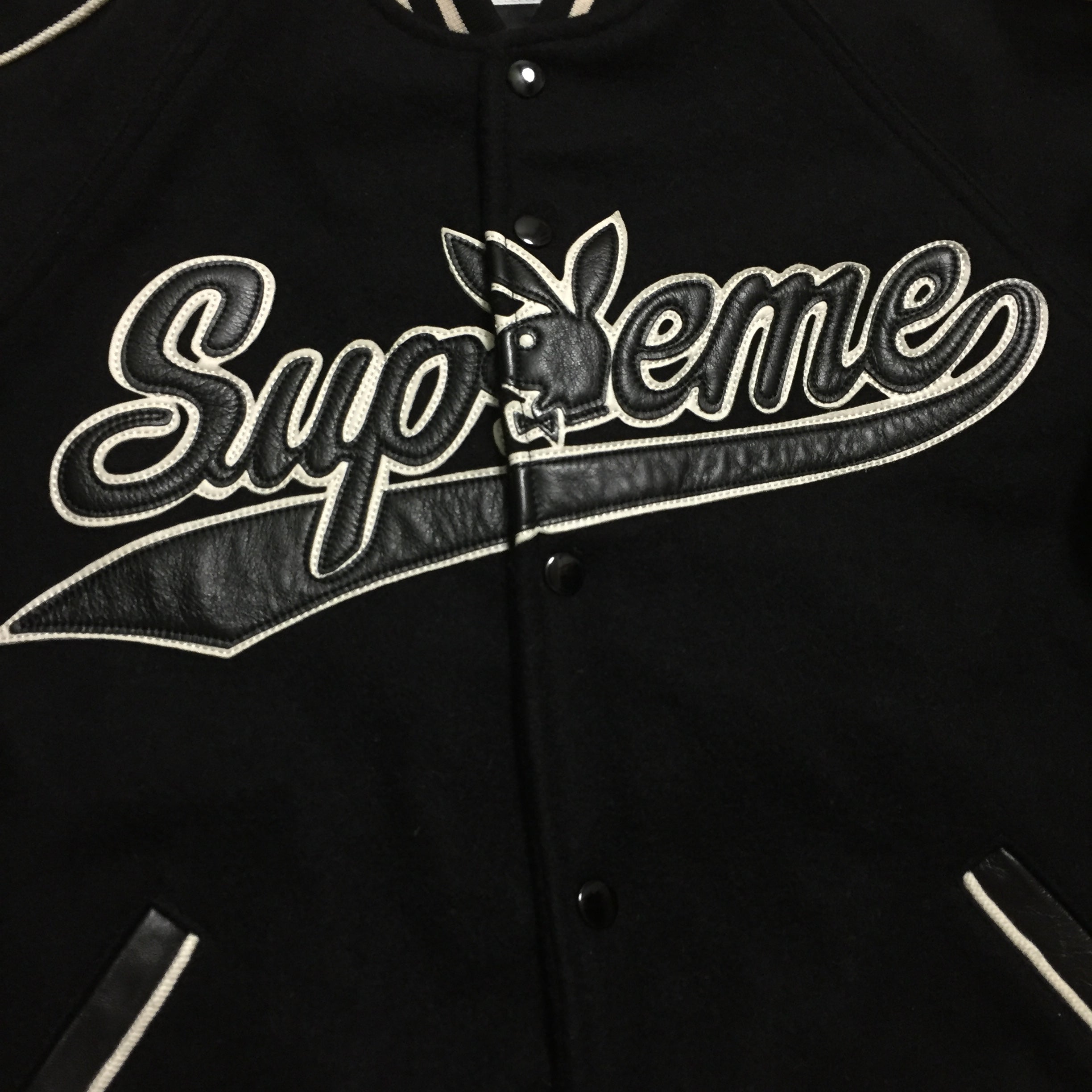 2017 Supreme x Playboy Black Leather Varsity Jacket