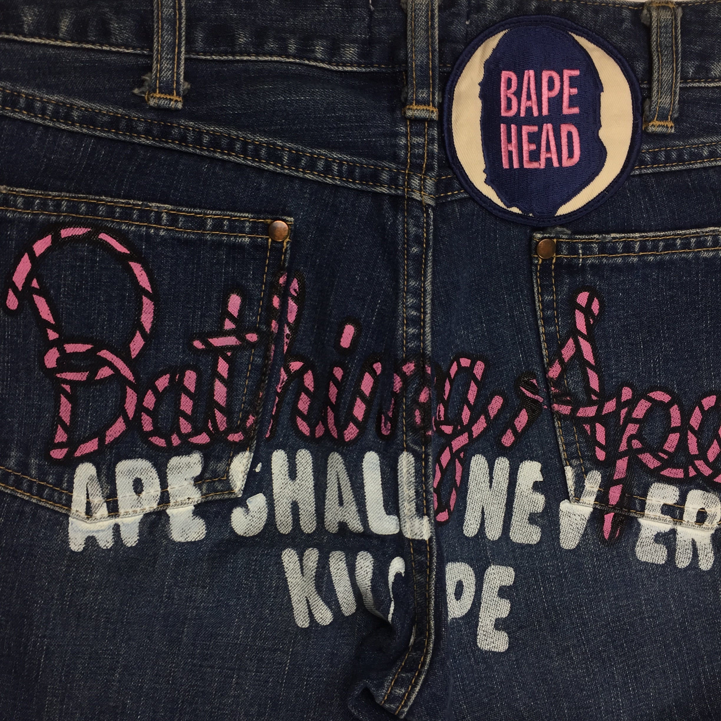 BAPE Pink Yarn Spell Out Denim Jeans