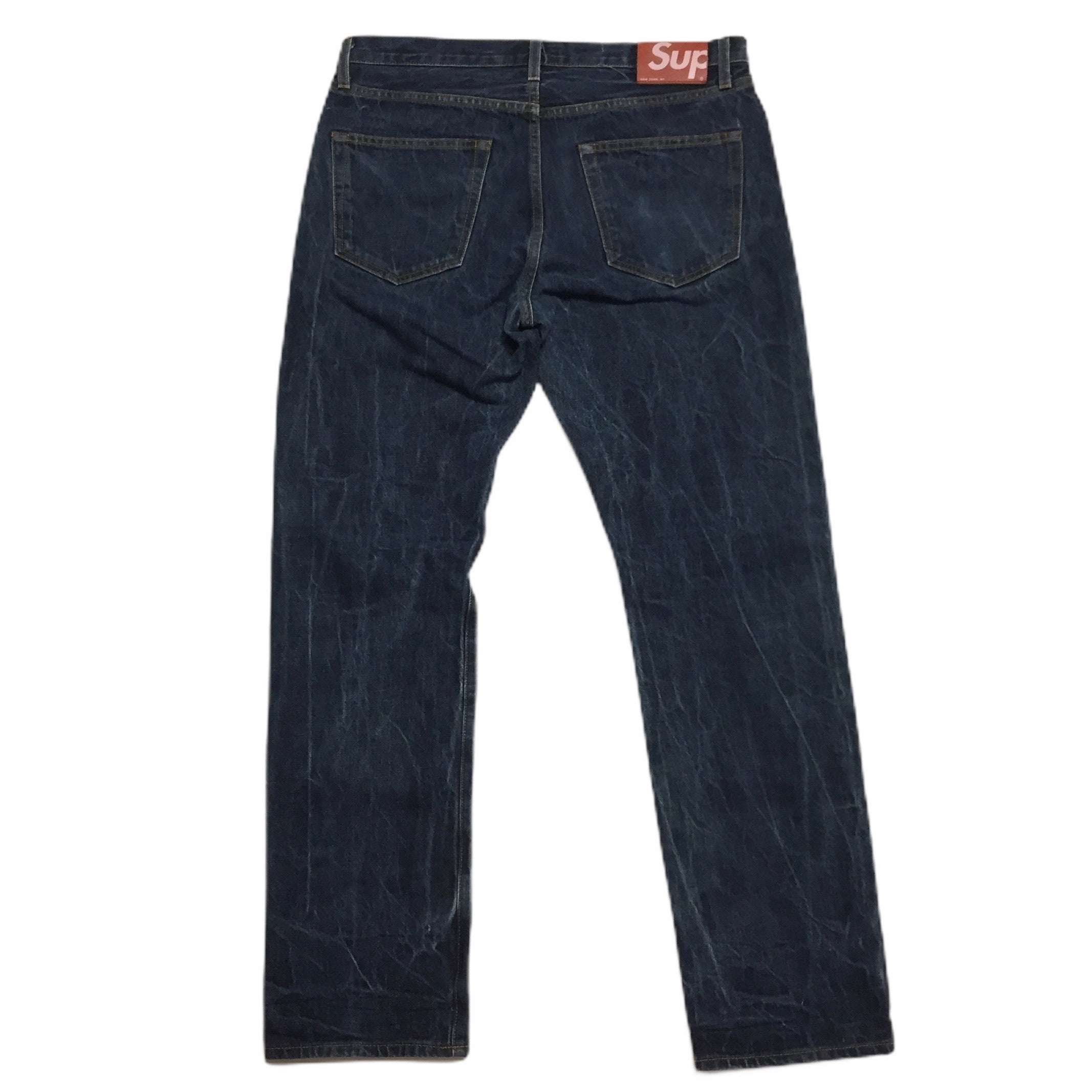 2015 Supreme Red Sup Logo Blue Washed Jeans